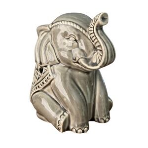 Ceramic Gray Elephant Lamp with Cord Night Light Trunk Up Bulb NOT Included